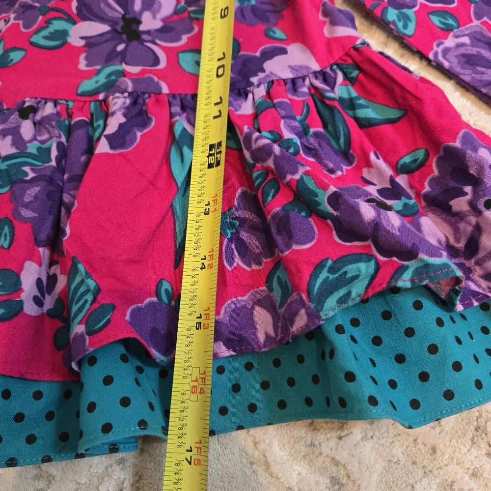 Vintage 1990s Ruffle Long Sleeve Floral Pink Teal Purple Dress